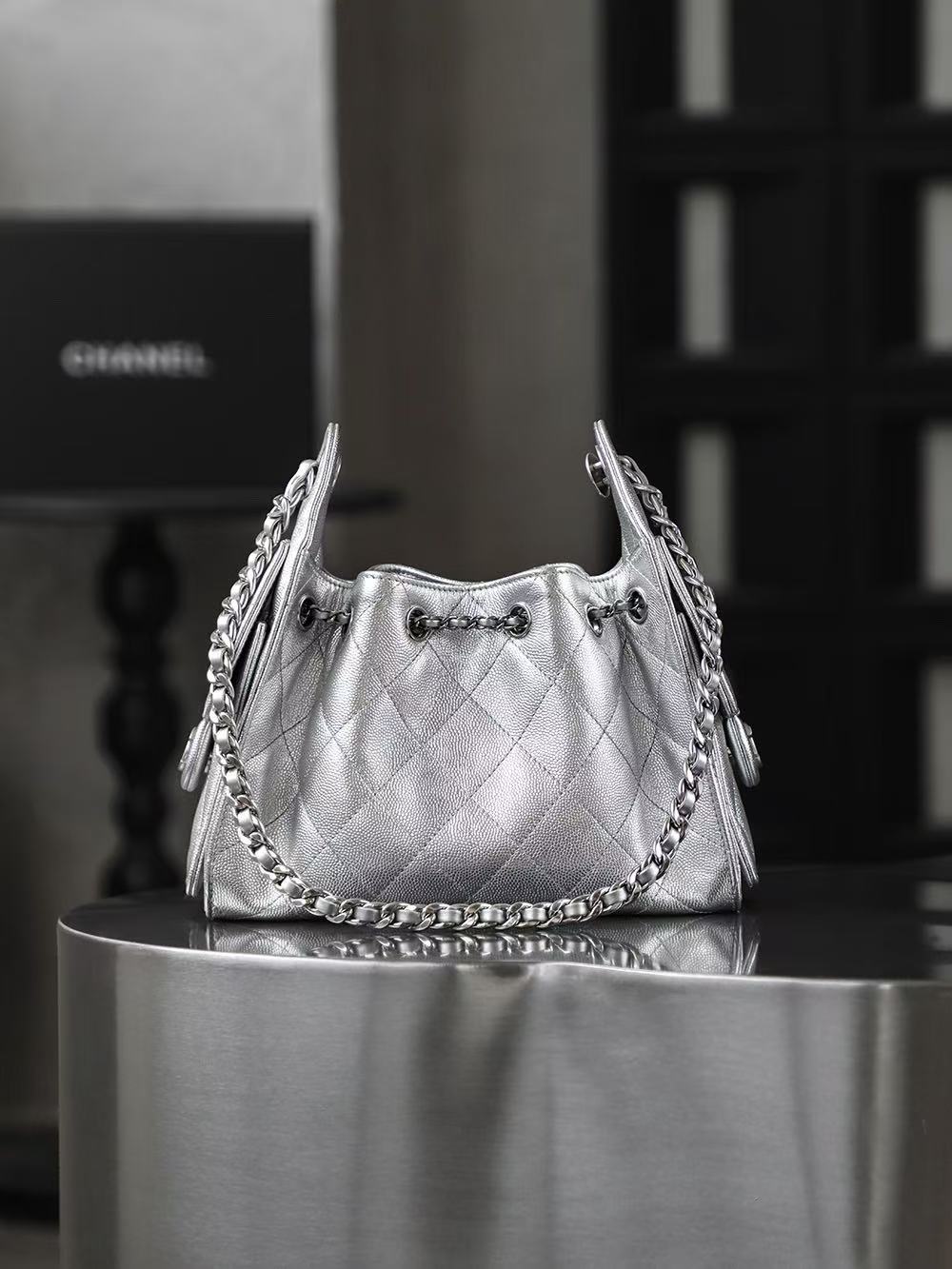 CC 25 Hobo Bag Mini 22cm Silver Metallic Grained Calfskin