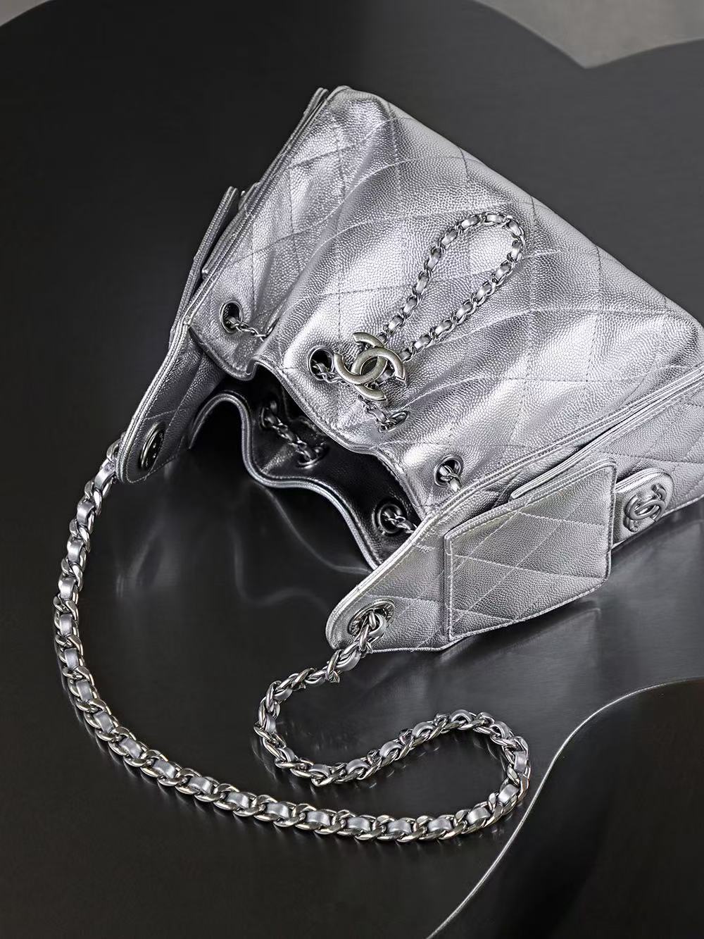 CC 25 Hobo Bag Mini 22cm Silver Metallic Grained Calfskin