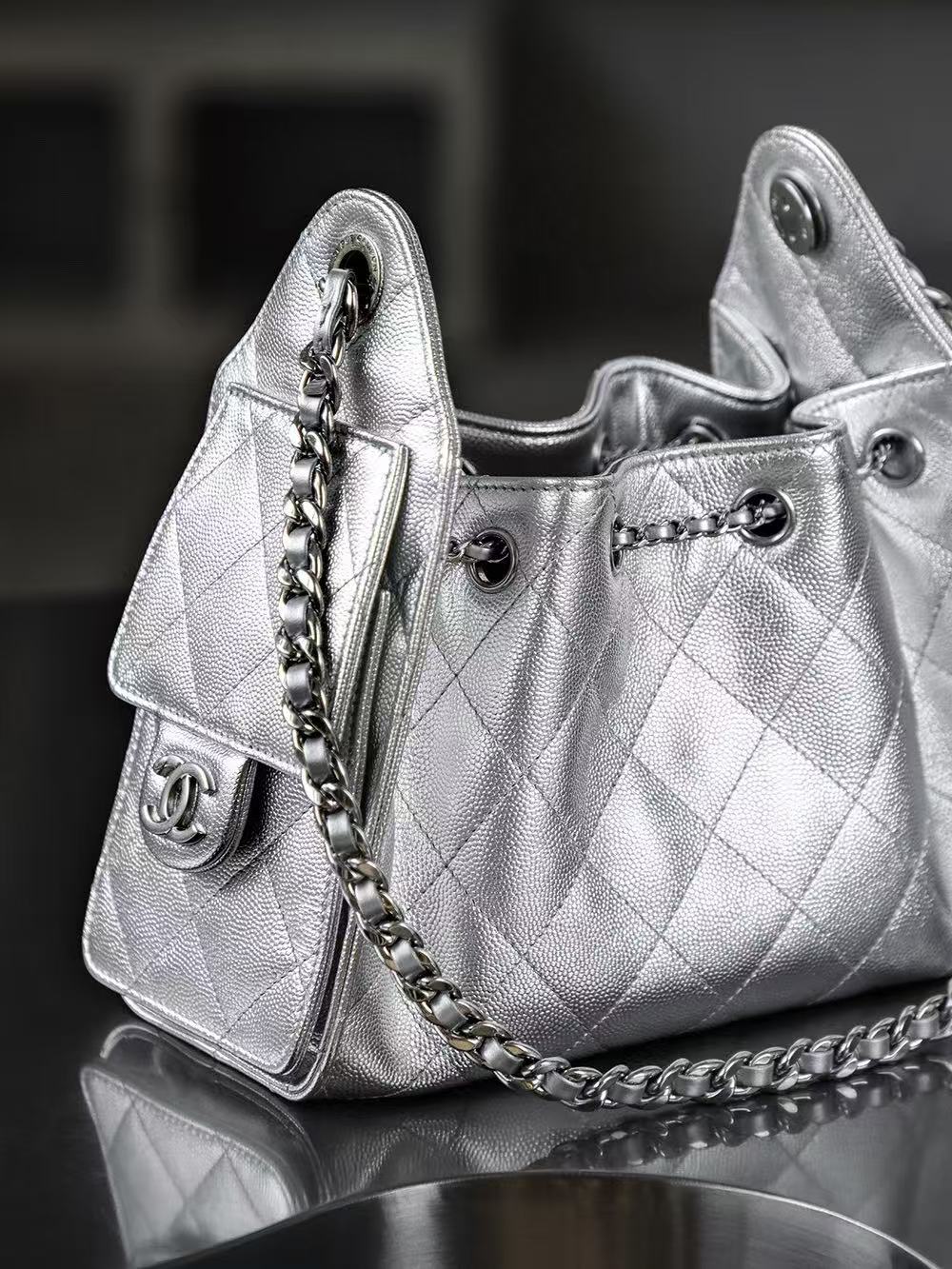 CC 25 Hobo Bag Mini 22cm Silver Metallic Grained Calfskin