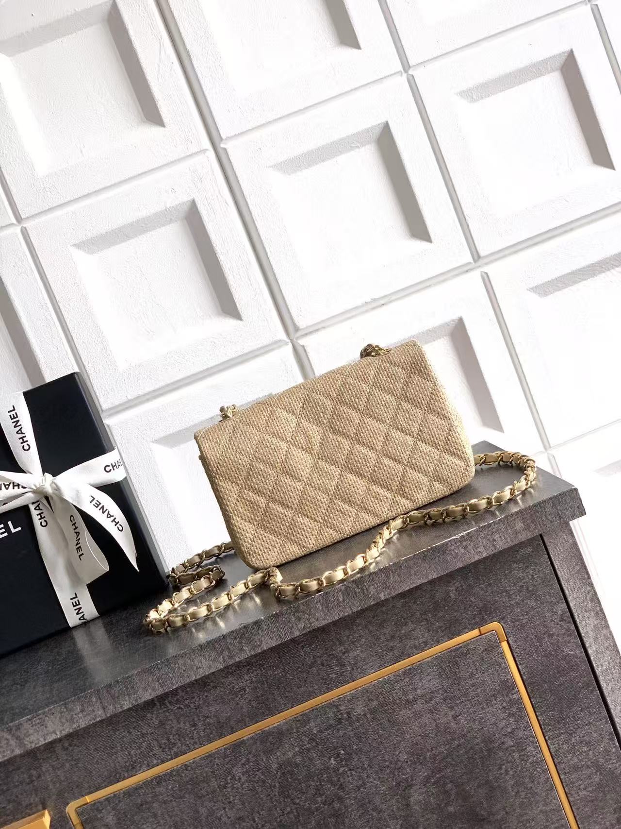 Chanel 2026 Classic Bag 20cm Beige Raffia Leather