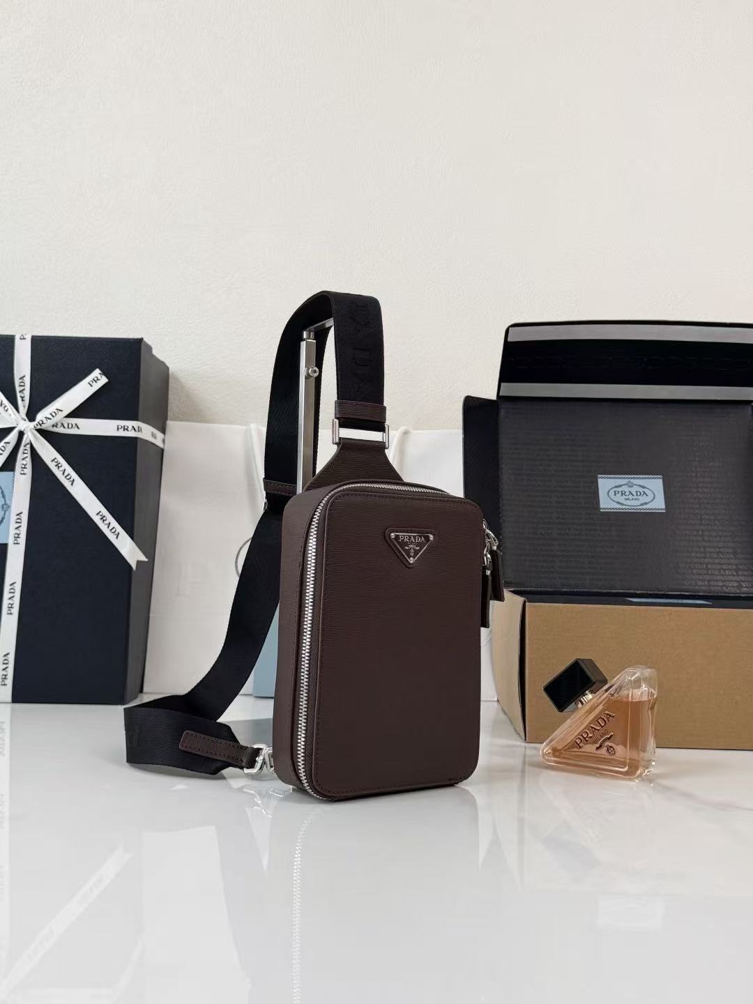 Prada 2026 Brique Saffiano Bag 20cm Brown Chocolate Leather