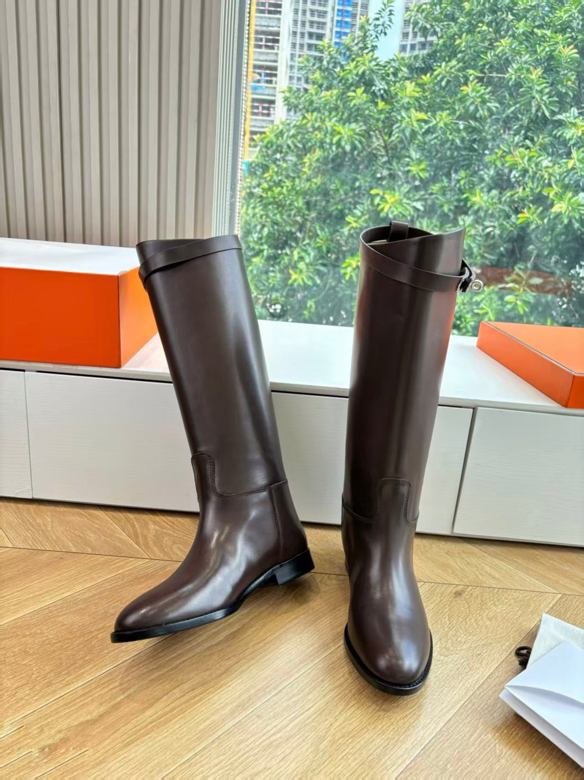 Hermes 2026 Jumping Silver Buckle Boots Dark Brown Leather