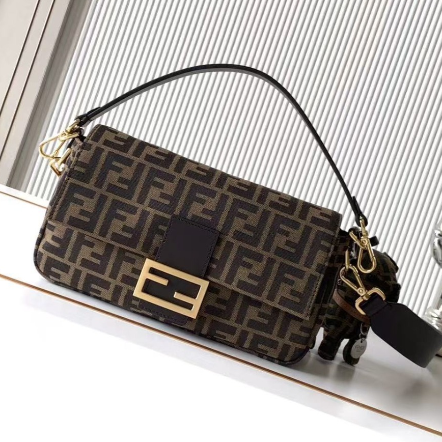 Fend Baguette 27 Shoulder Bag Brown FF Jacquard Fabric Bag Shw