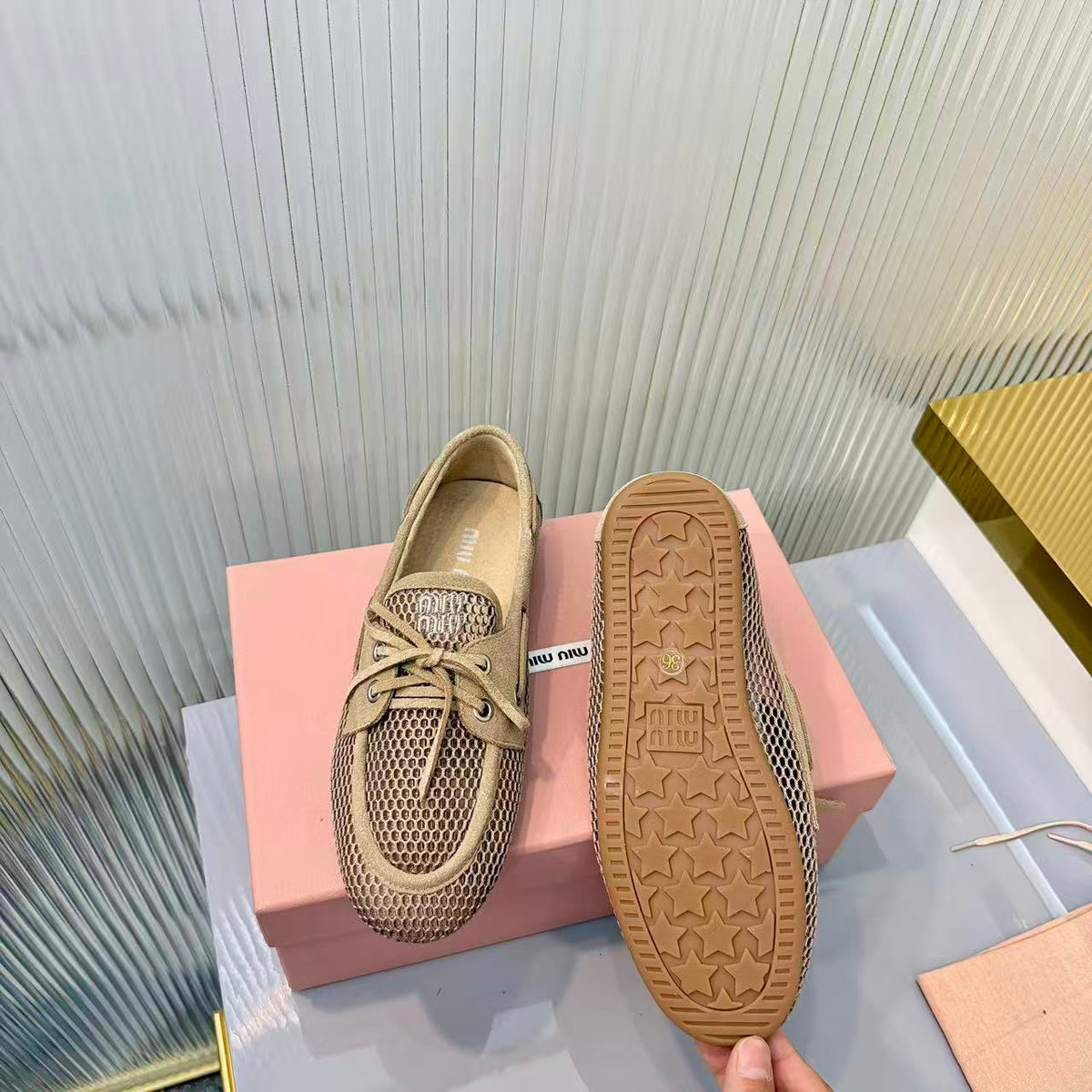 Miu Miu 2026 Mocassin Beige Suede Mesh