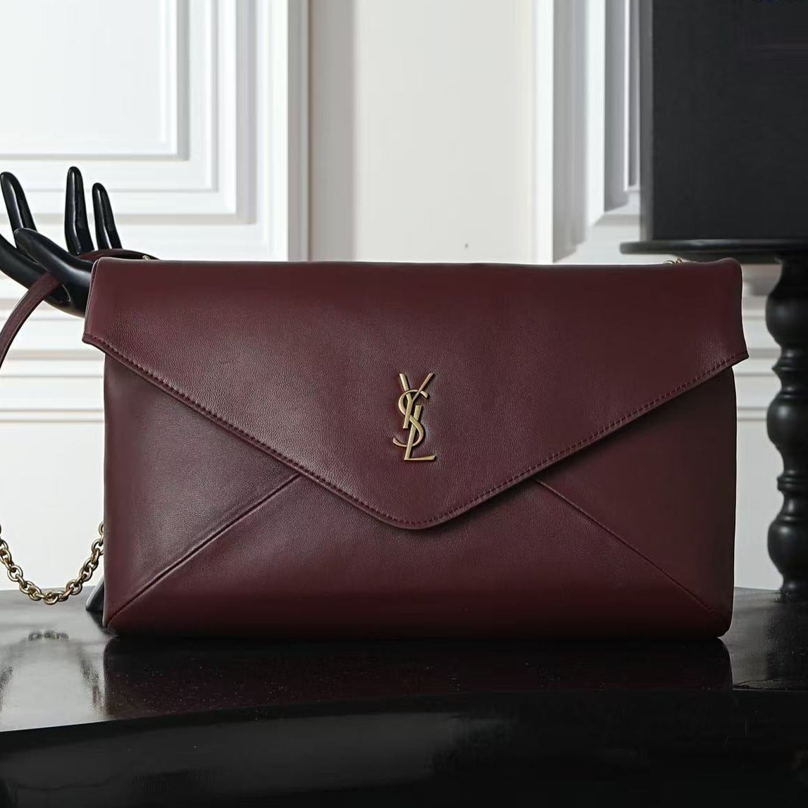 YSL 2026 Cassandre Small Envelope Pouch Bag 29cm Burgundy Leather