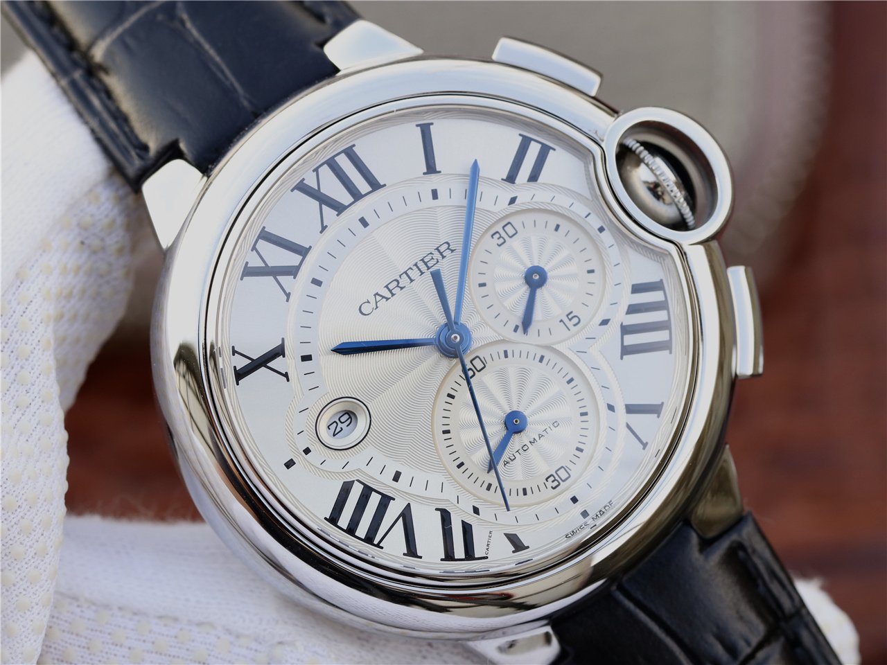 BALLON BLEU 42 CHRONOGRAPH STEEL SILVER DIAL LEATHER BRACELET