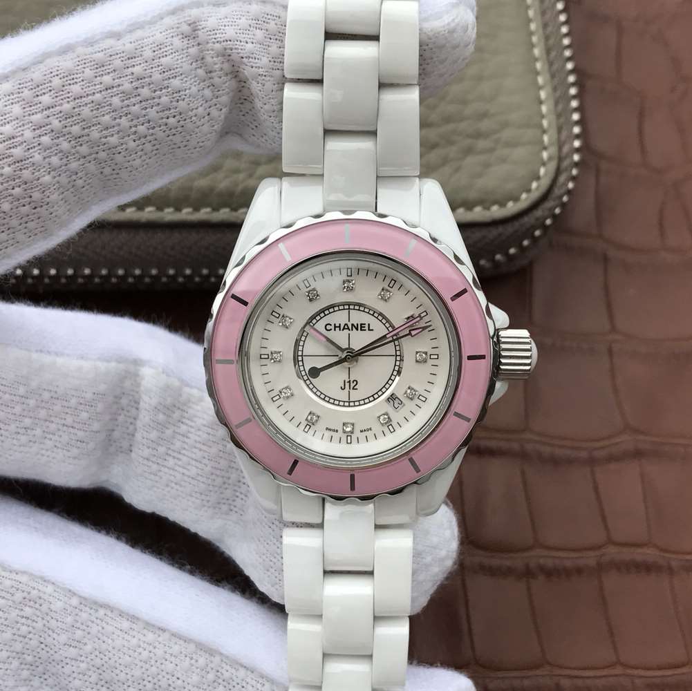 J12 PINK BEZEL WHITE DIAL DIAMOND NUMERALS 33MM