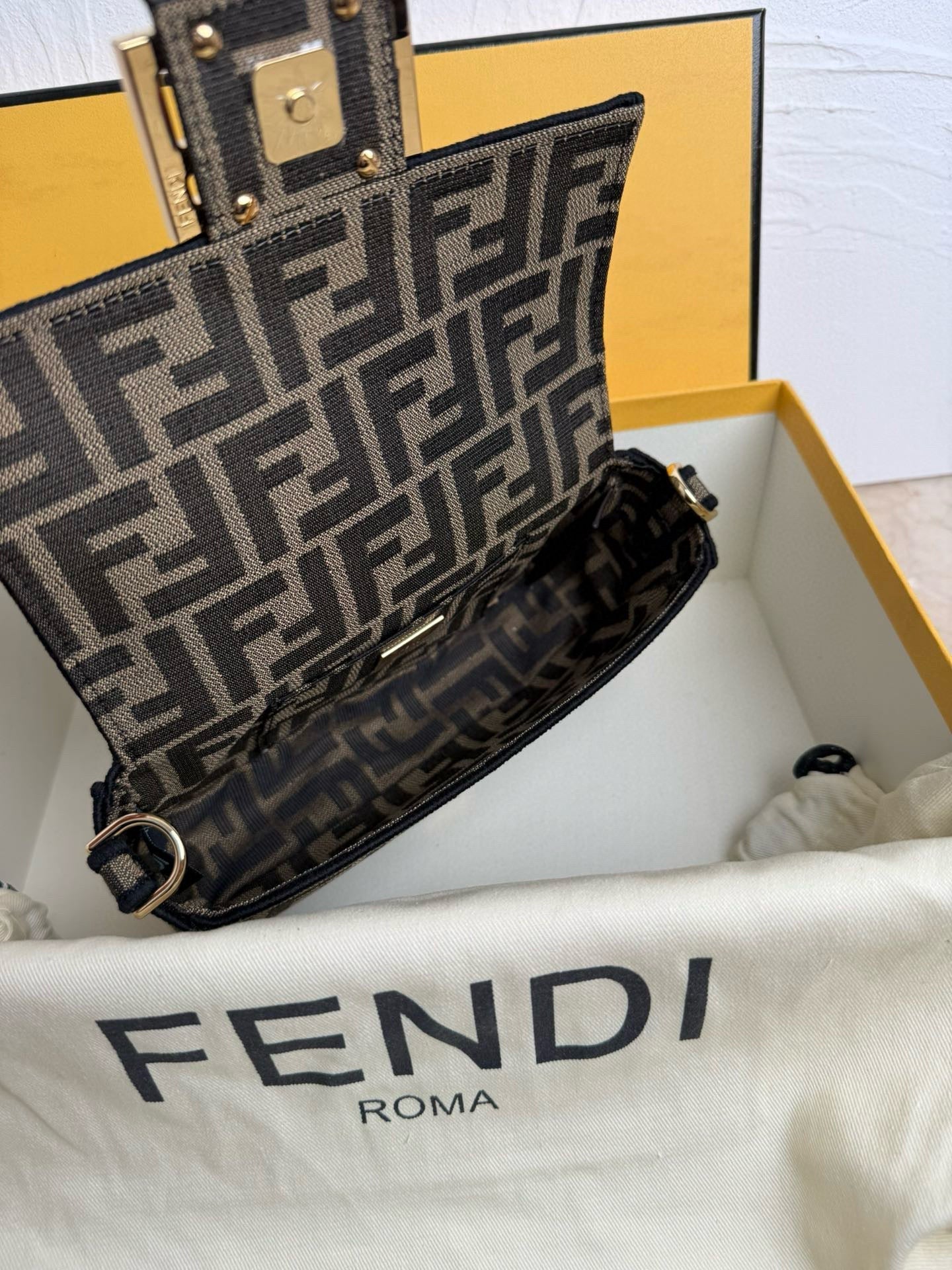 Fendi Baguette Mini FF Bag Brown Jacquard Fabric