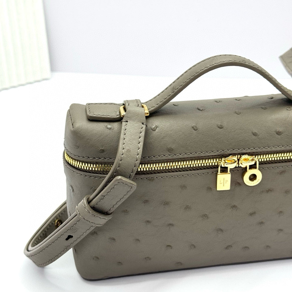 LP Extra Bag Ostrich Pattern Gray Brown Gold Buckle Calfskin