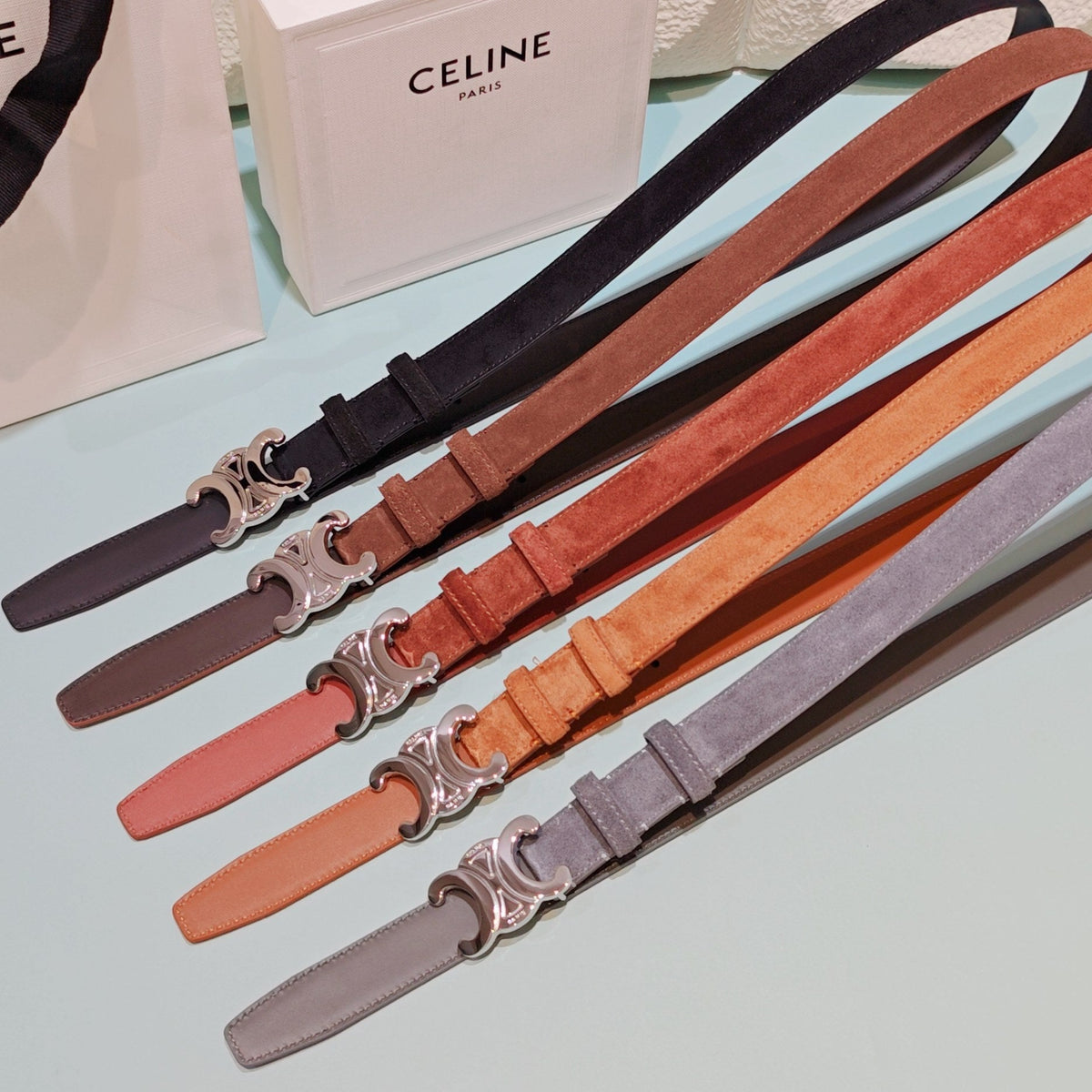 Celine 2026 Medium Triomphe Silver Belt 25mm Suede 194538