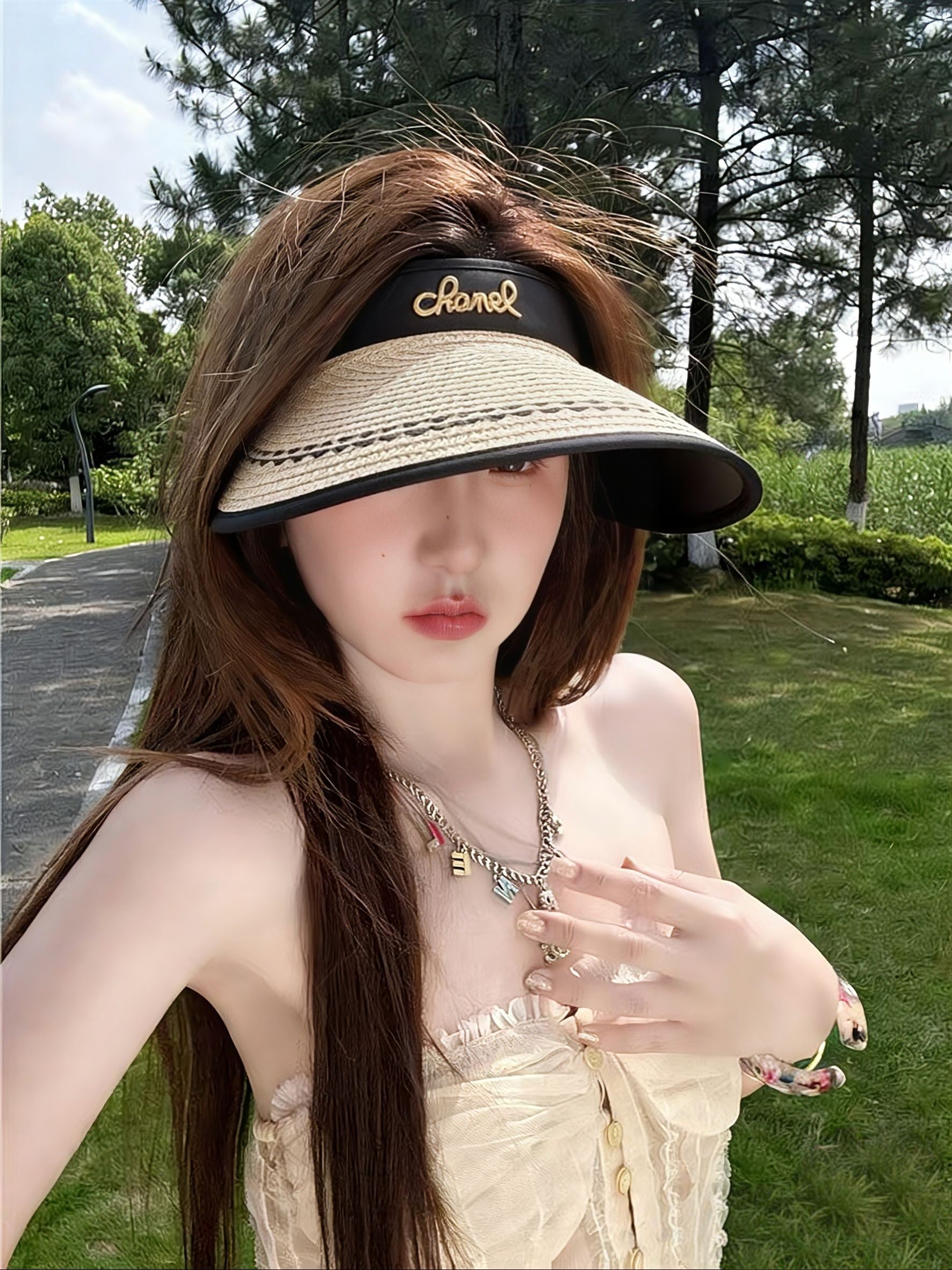 Chanel Sun Hat with Visor Straw Fabric 237221