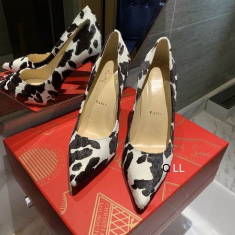 CL Kate Pumps 100mm Satin Cow Printed White Black