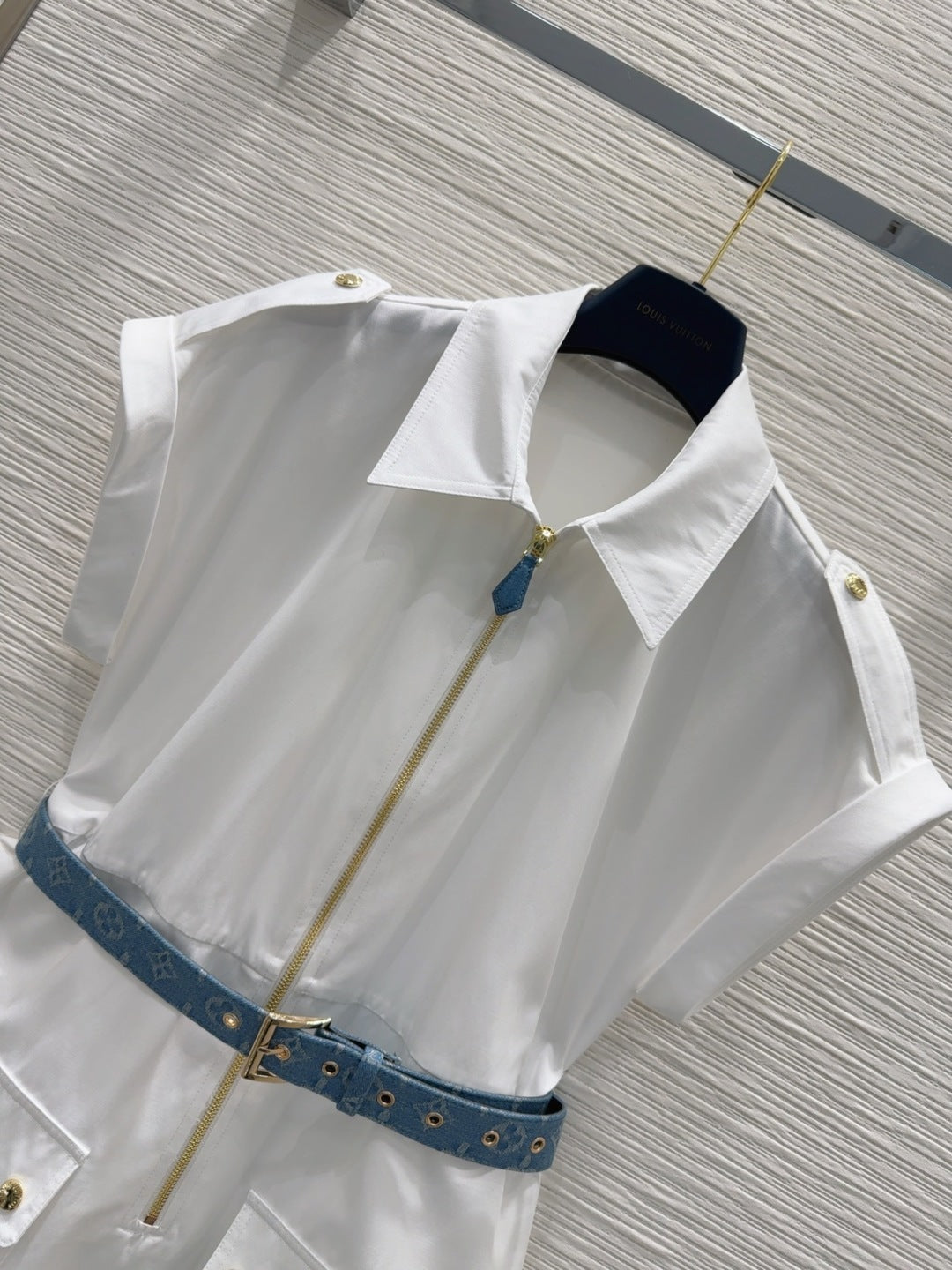 LV 25S Blue Belted Dress White Brown Cotton Polyester