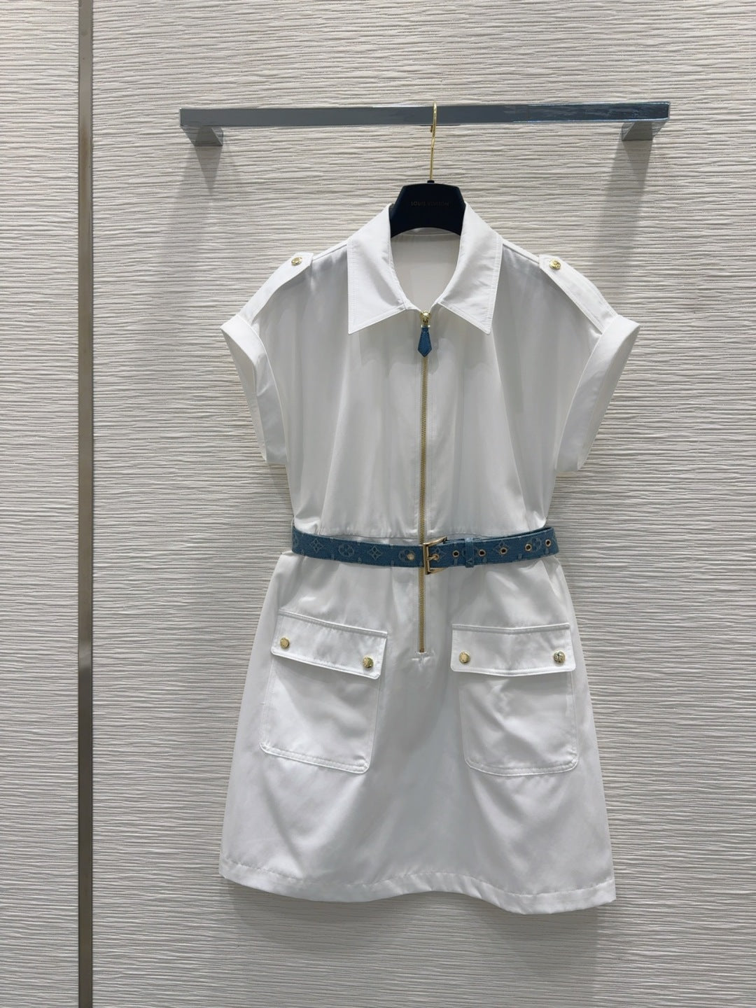 LV 25S Blue Belted Dress White Brown Cotton Polyester