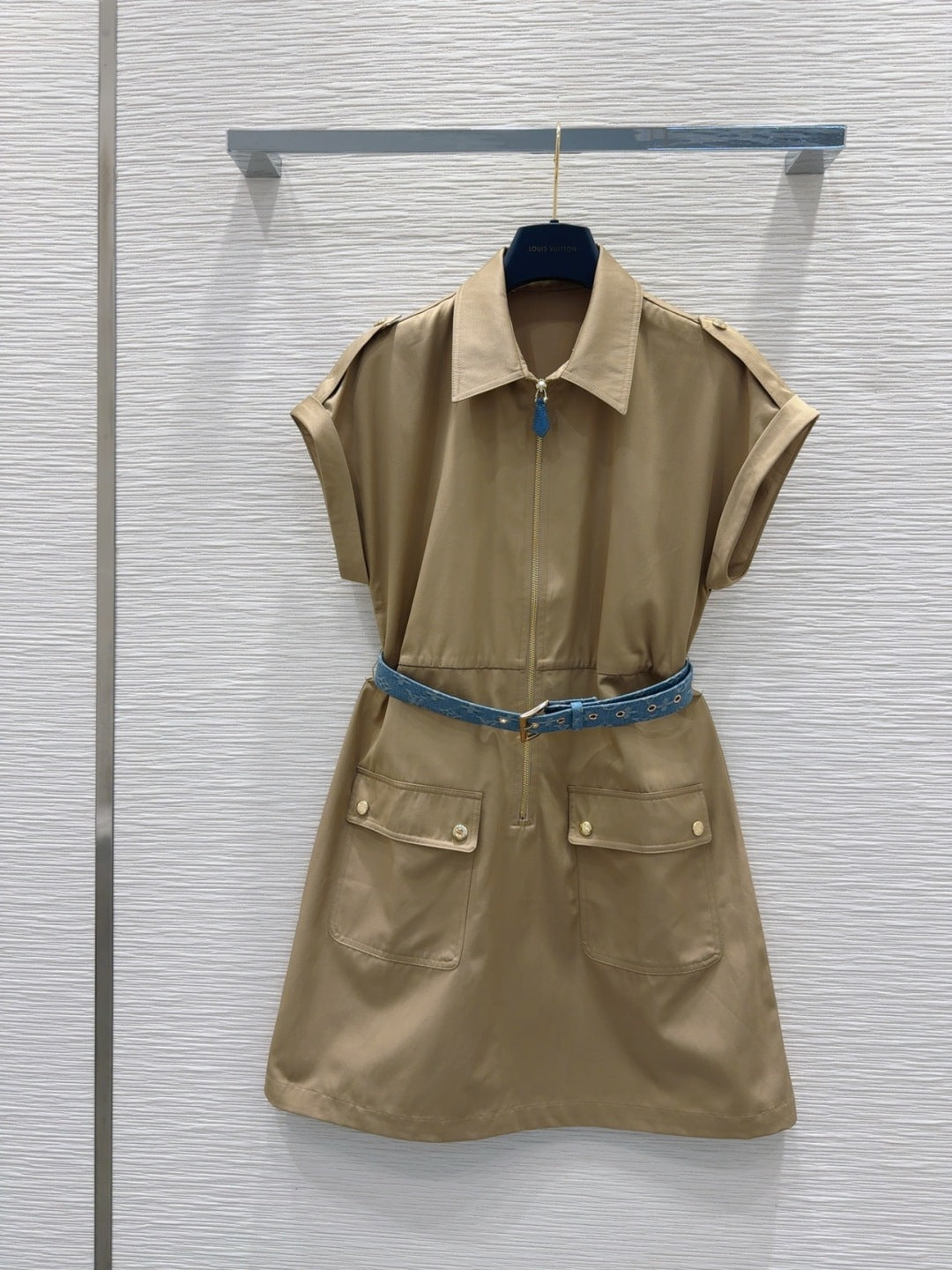 LV 25S Blue Belted Dress White Brown Cotton Polyester