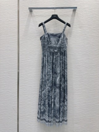 CD 25 Print Suspender Skirt Light Gray and Navy Blue Polyester