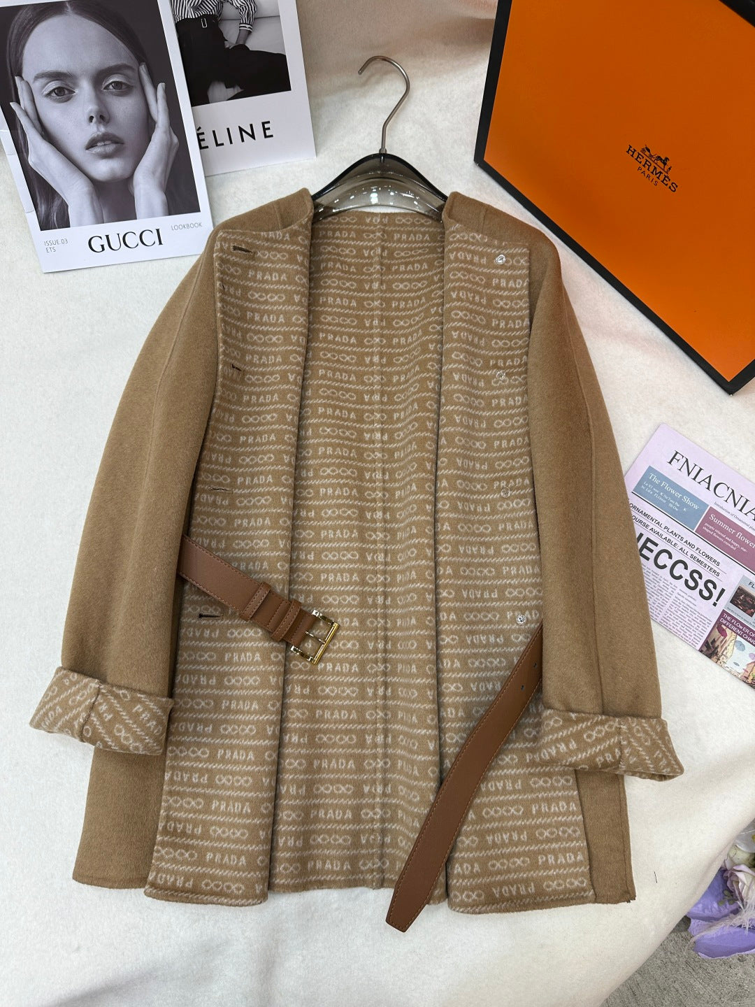 Prada 25 Mid-length Coat Camel Wool 637360