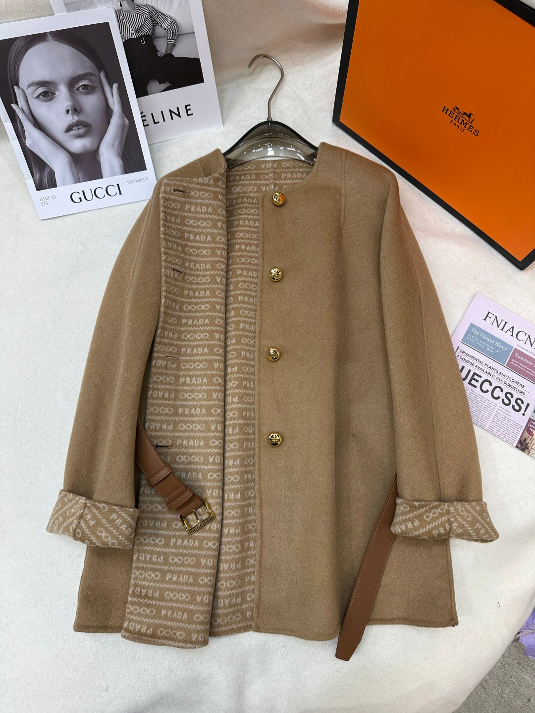 Prada 25 Mid-length Coat Camel Wool 637360