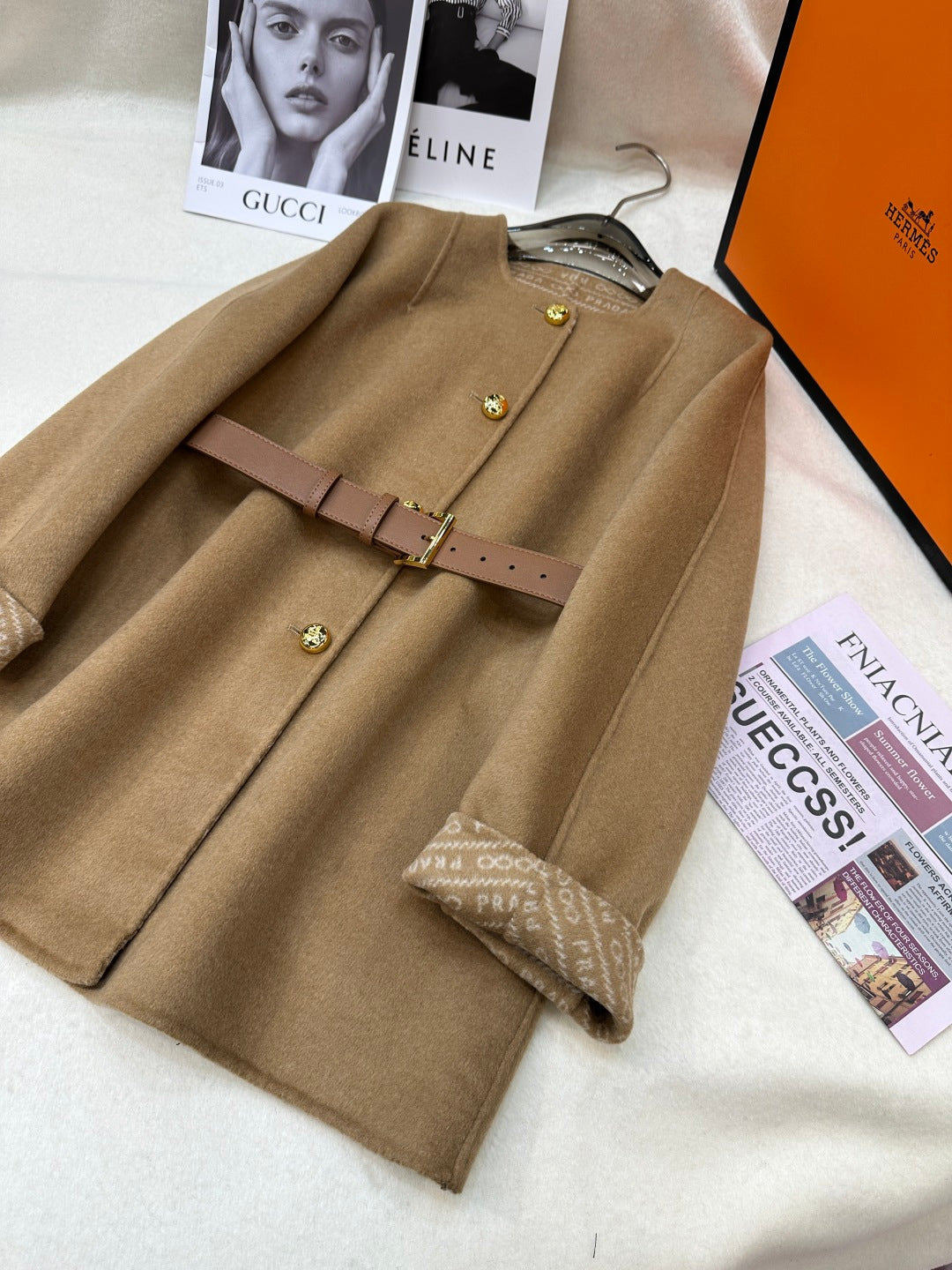 Prada 25 Mid-length Coat Camel Wool 637360