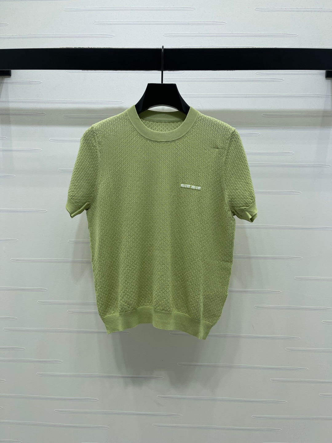 Miumiu 2026 Crew Neck Knit Short-Sleeve Shirt with Letter Logo Tencel