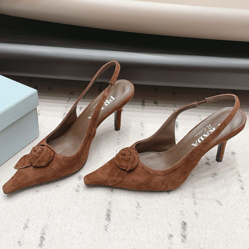 Prada 2026 Rosette Pointed-Toe Shoe 80mm Suede Leather 176075