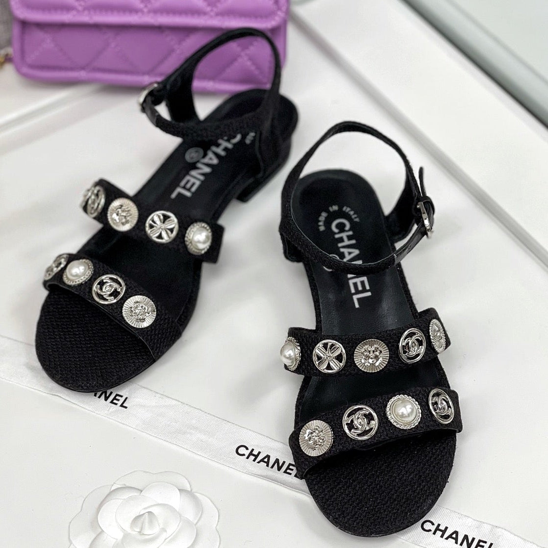 Chanel 2026 Interlocking CC Logo Sandals Tweed 162285