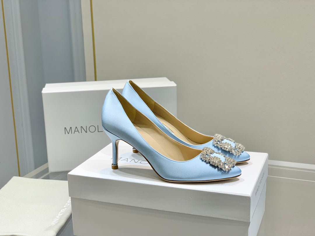 Manolo Diamond Buckle Pumps Baby Blue Silk 327501