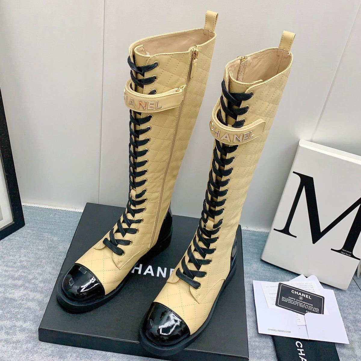 Chanel 2026 Quilted Lace-Up Combat Boots Calfskin 162266