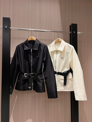 Prada Belted Jackets Black and White Poliamide