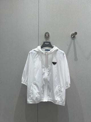 Prada 25 Hooded Triangle Logo Jacket Shorts Suit White Polyester 217937