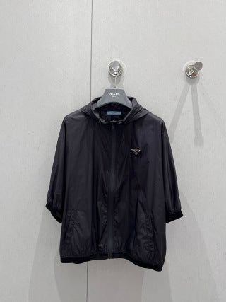 Prada 25 Hooded Triangle Logo Jacket Shorts Suit Black Polyester 217937