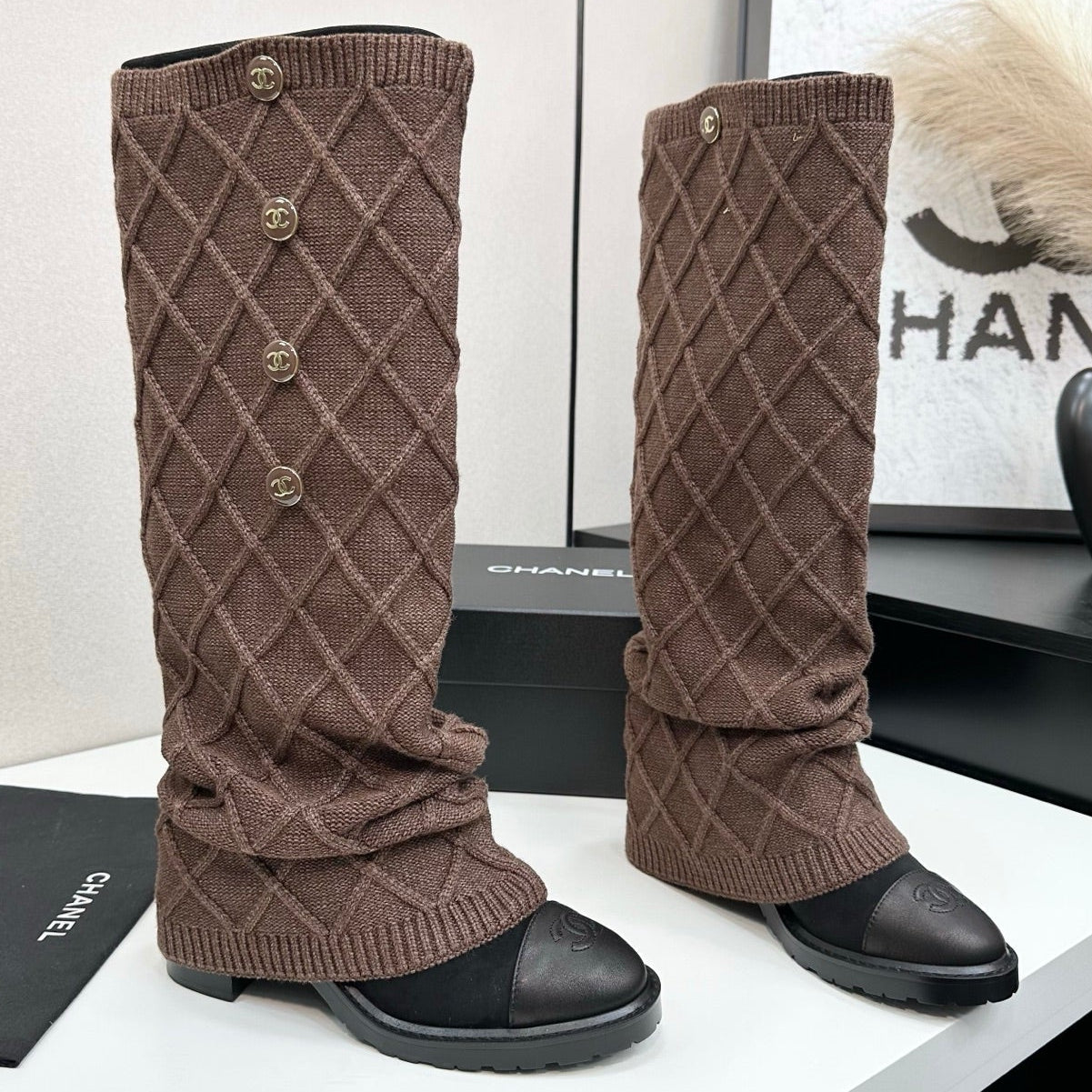 Chanel 2026 CC Buttoned Knitted Knee-High Boots Wool 985768