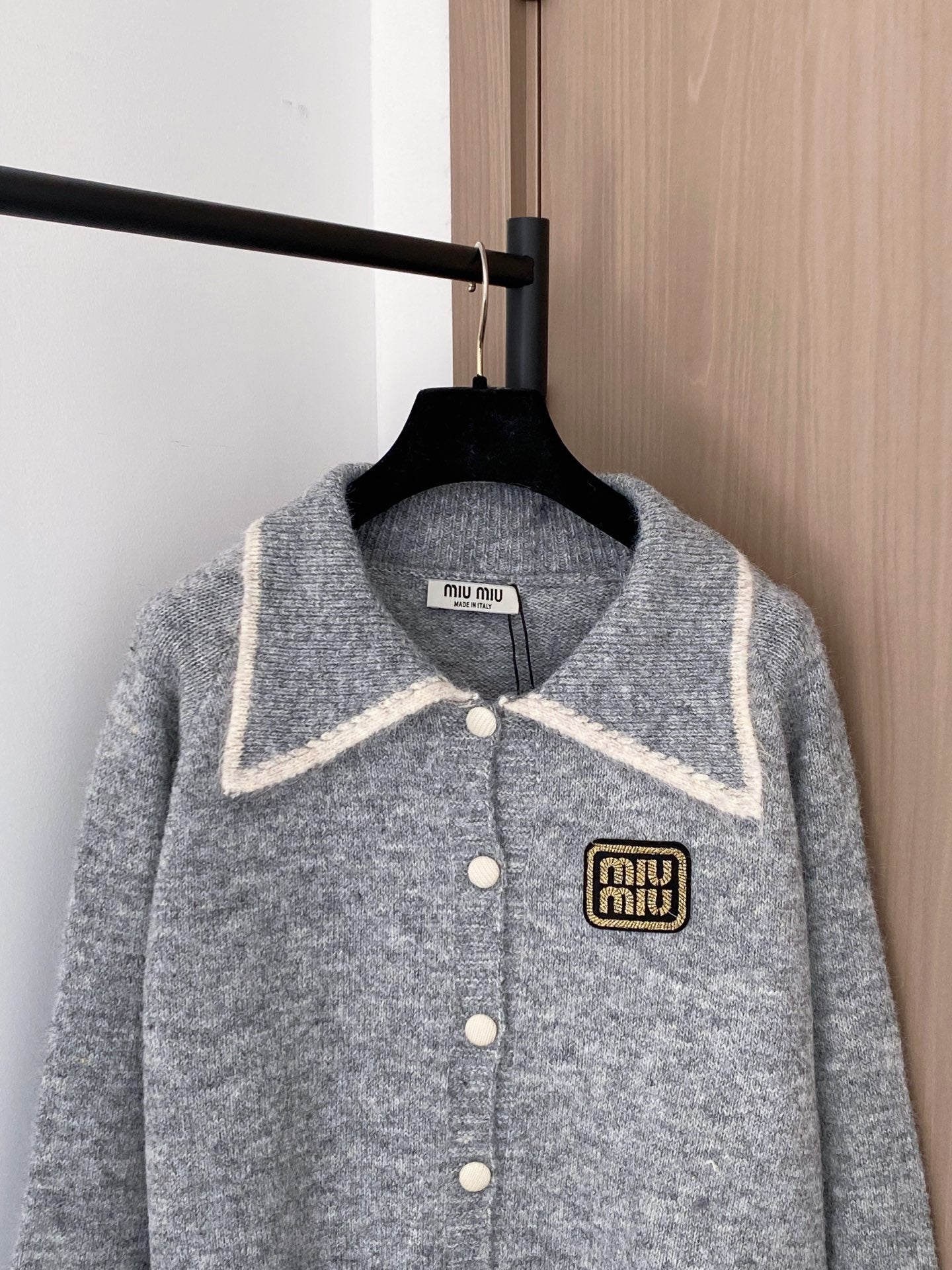 Miumiu 2025 Patch Cardigan Gray and Beige Wool