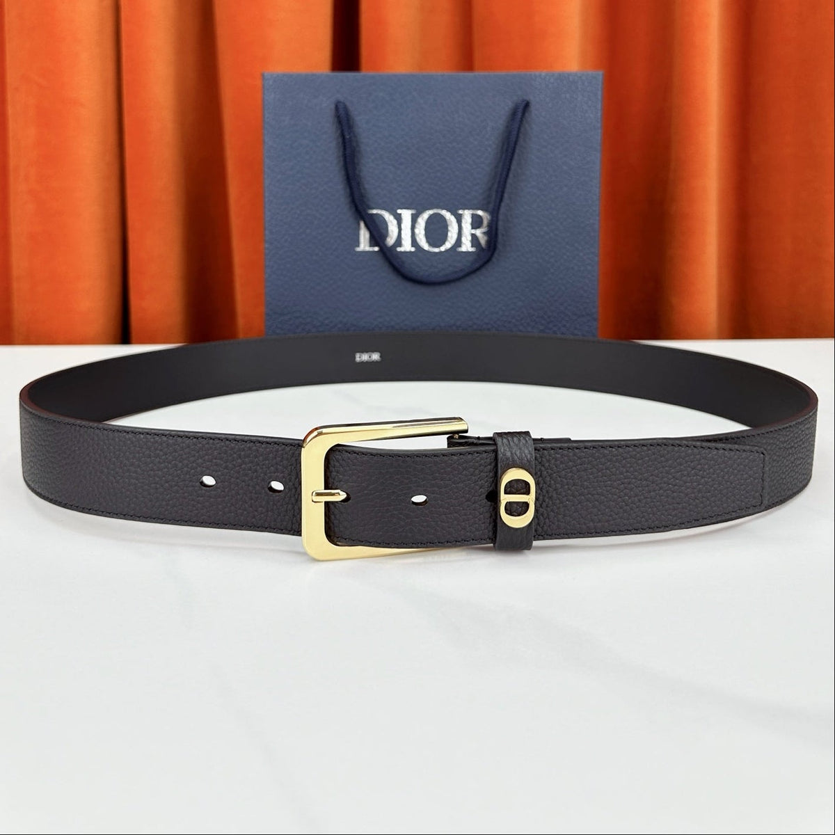 Dior 2026 CD Icon Grained Belt 35mm Black Calfskin