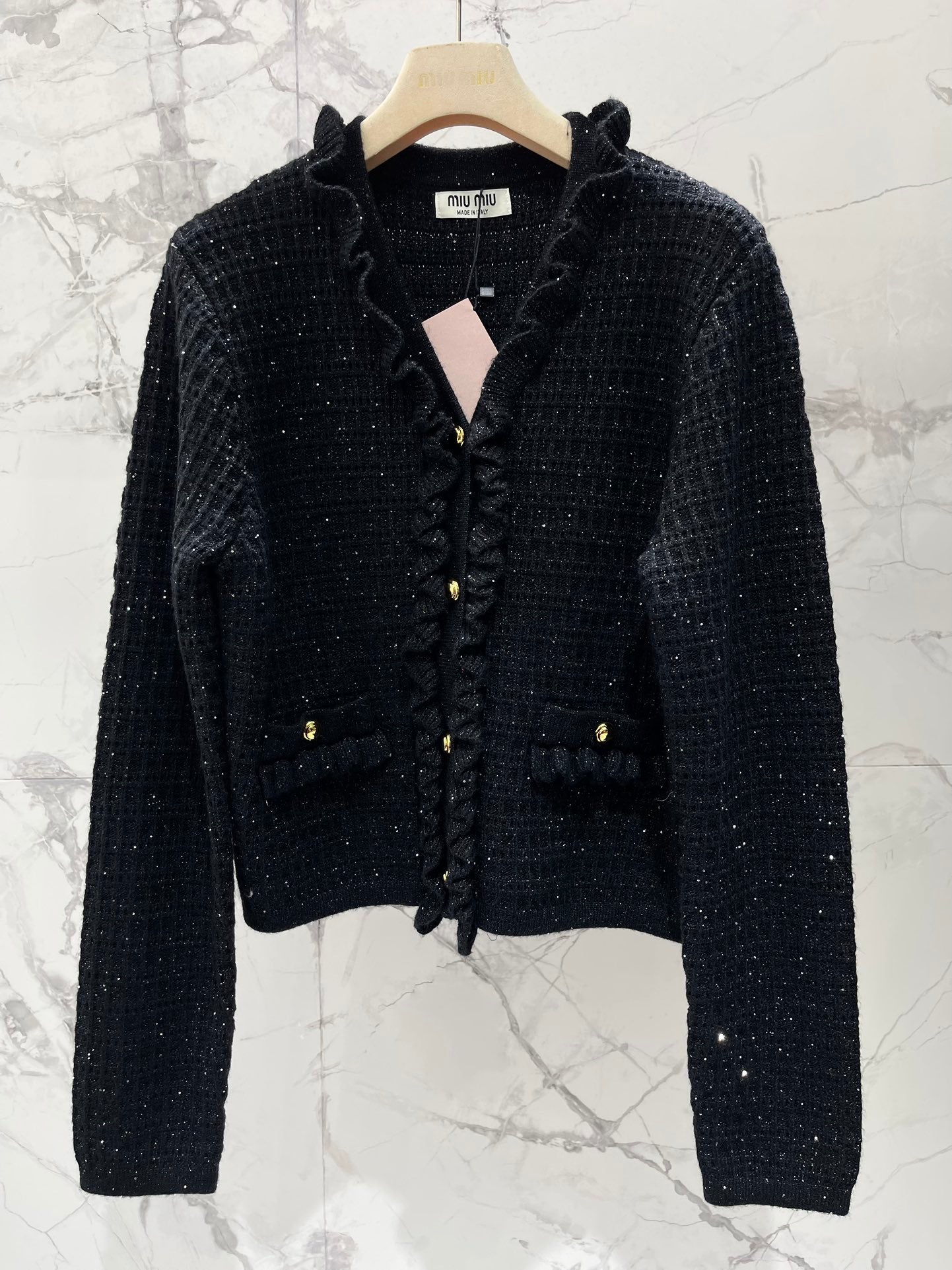 Miumiu 2025 Ruffled V-Neck Knit Cardigan Wool