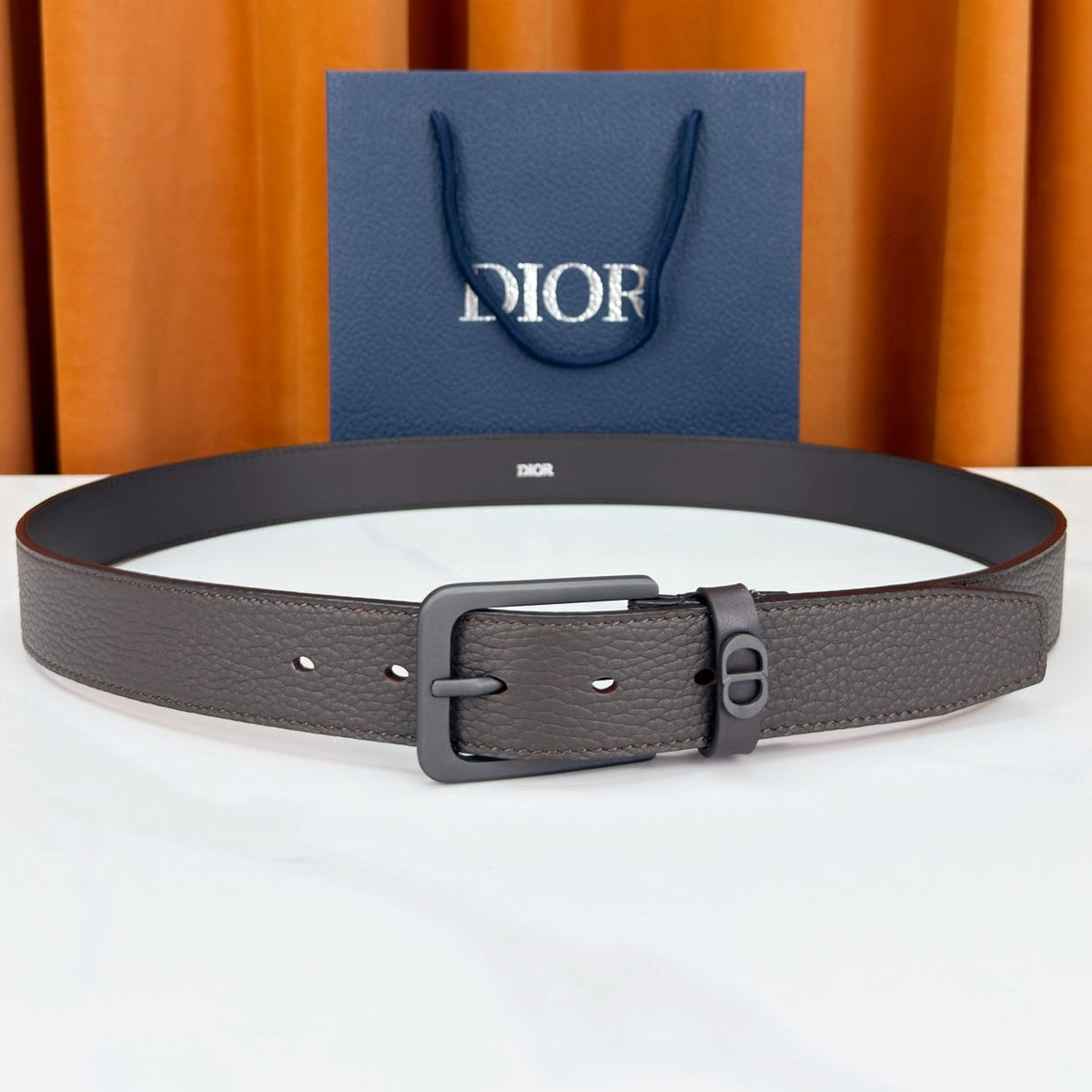 Dior 2026 CD Icon Grained Belt 35mm Dark Brown Calfskin