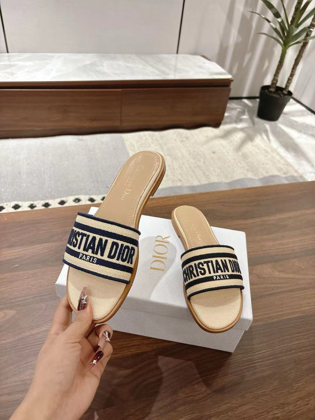 CD 26s Embroidered Sandals Beige Navy Blue Canvas Sheepskin 664321