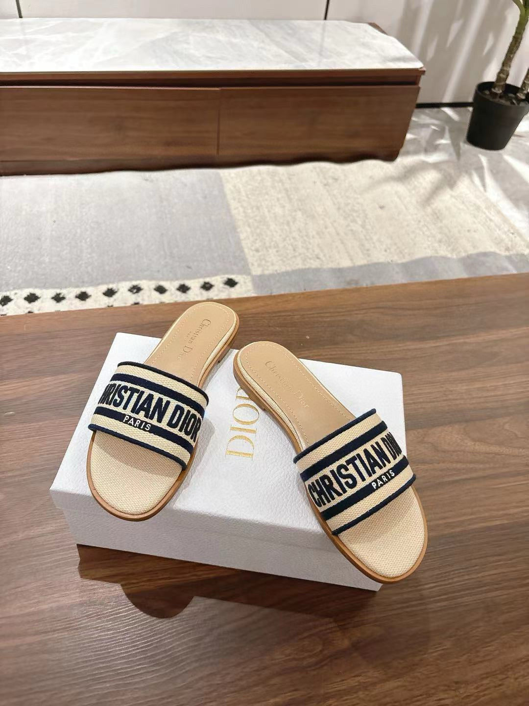 CD 26s Embroidered Sandals Beige Navy Blue Canvas Sheepskin 664321