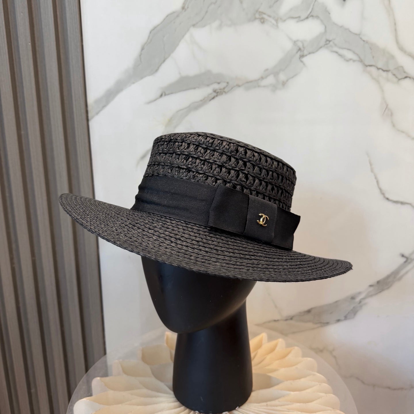 Chanel Straw Hat With Black Ribbon Accent 250043