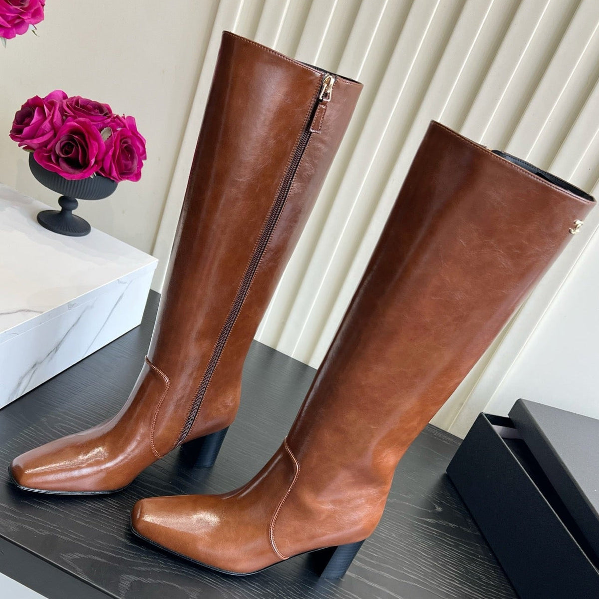 Chanel 2026 Square Toe Chunky Heel High Boots 65mm Cowhide 977240