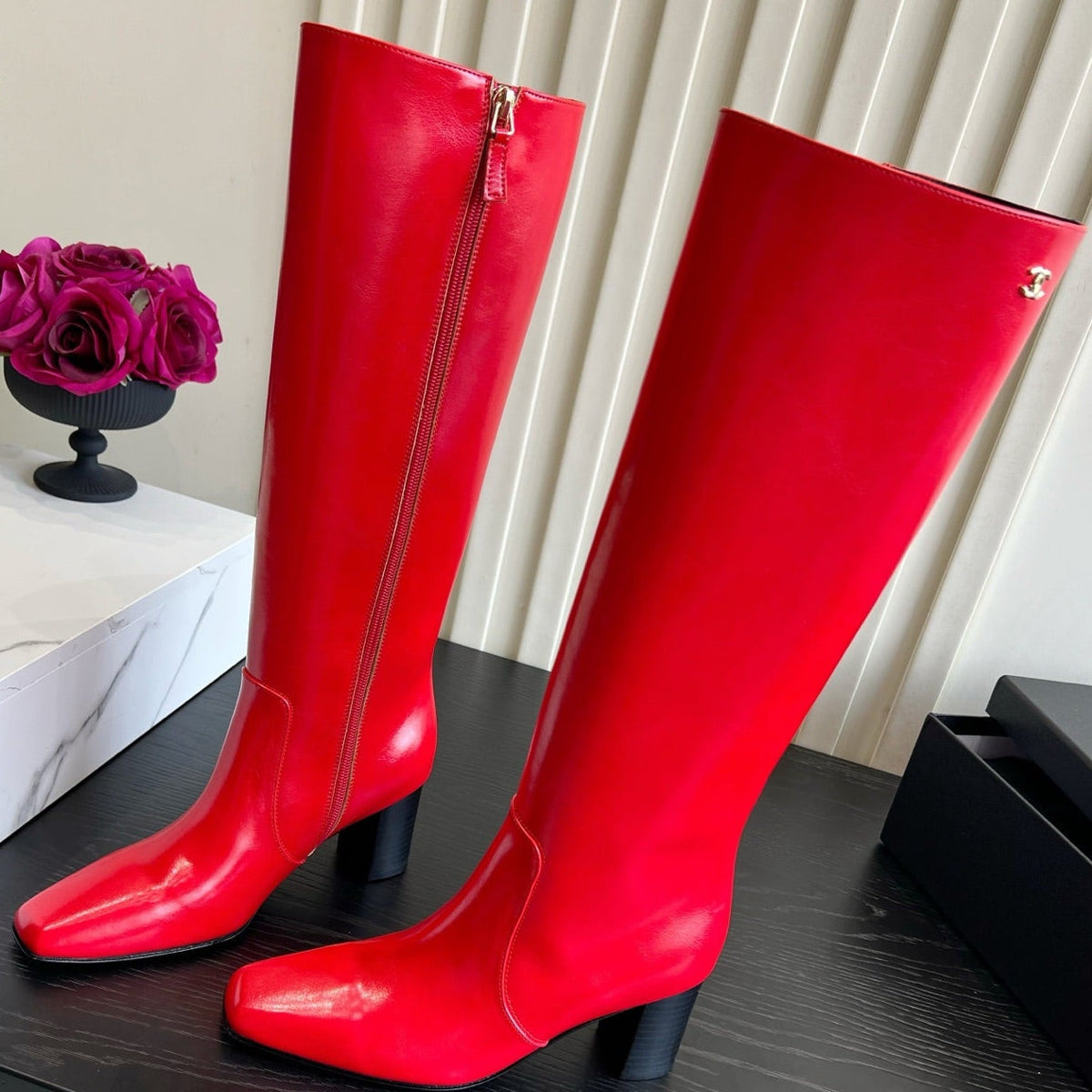 Chanel 2026 Square Toe Chunky Heel High Boots 65mm Cowhide 977240