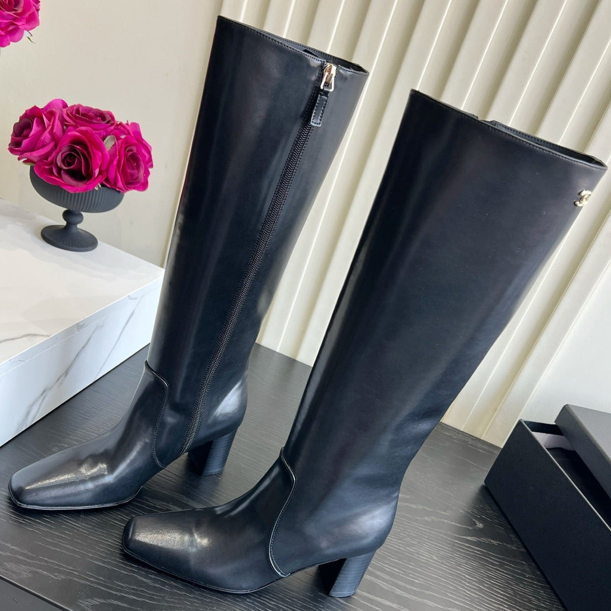 Chanel 2026 Square Toe Chunky Heel High Boots 65mm Cowhide 977240