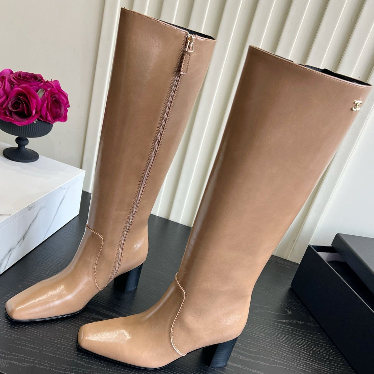 Chanel 2026 Square Toe Chunky Heel High Boots 65mm Cowhide 977240