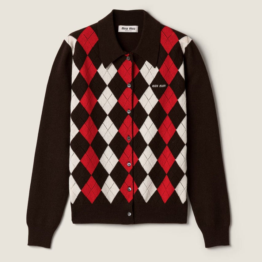 Miumiu 2026 Argyle Pattern Cardigan Dark Brown Cashmere 435392