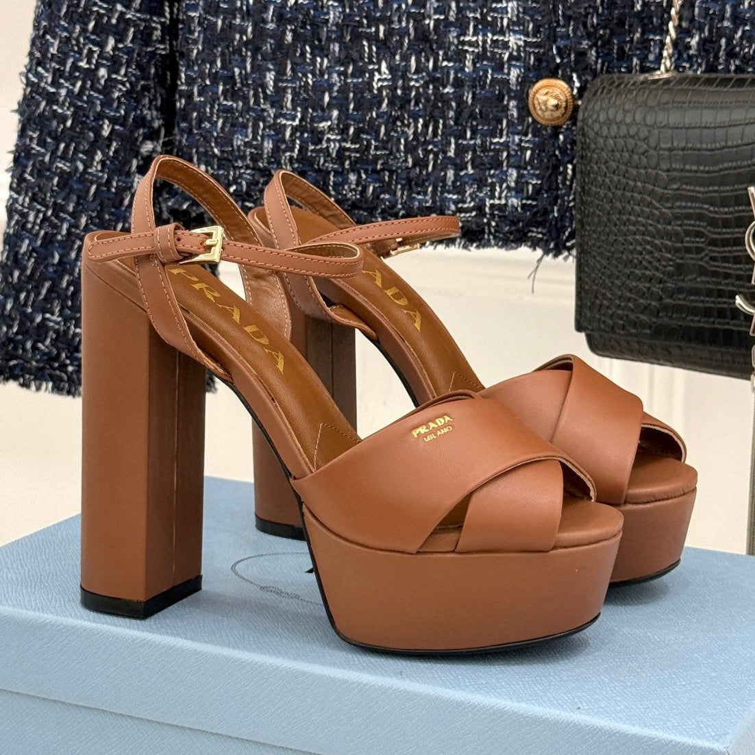 Prada 2026 Crisscross Platform Sandals 13cm Suede Leather 174856
