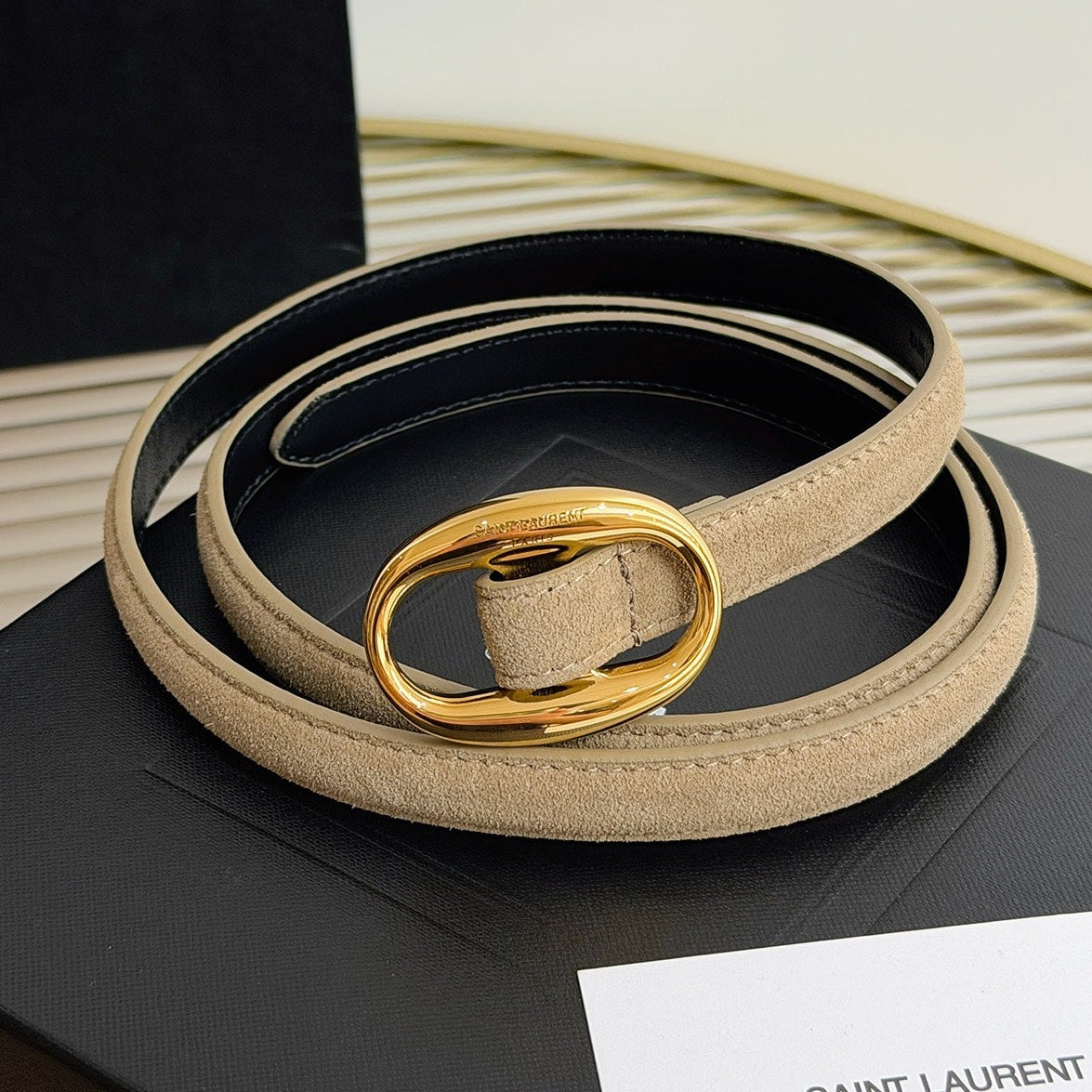 Saint Laurent 2026 Oval Belt 15mm Beige Suede 219123