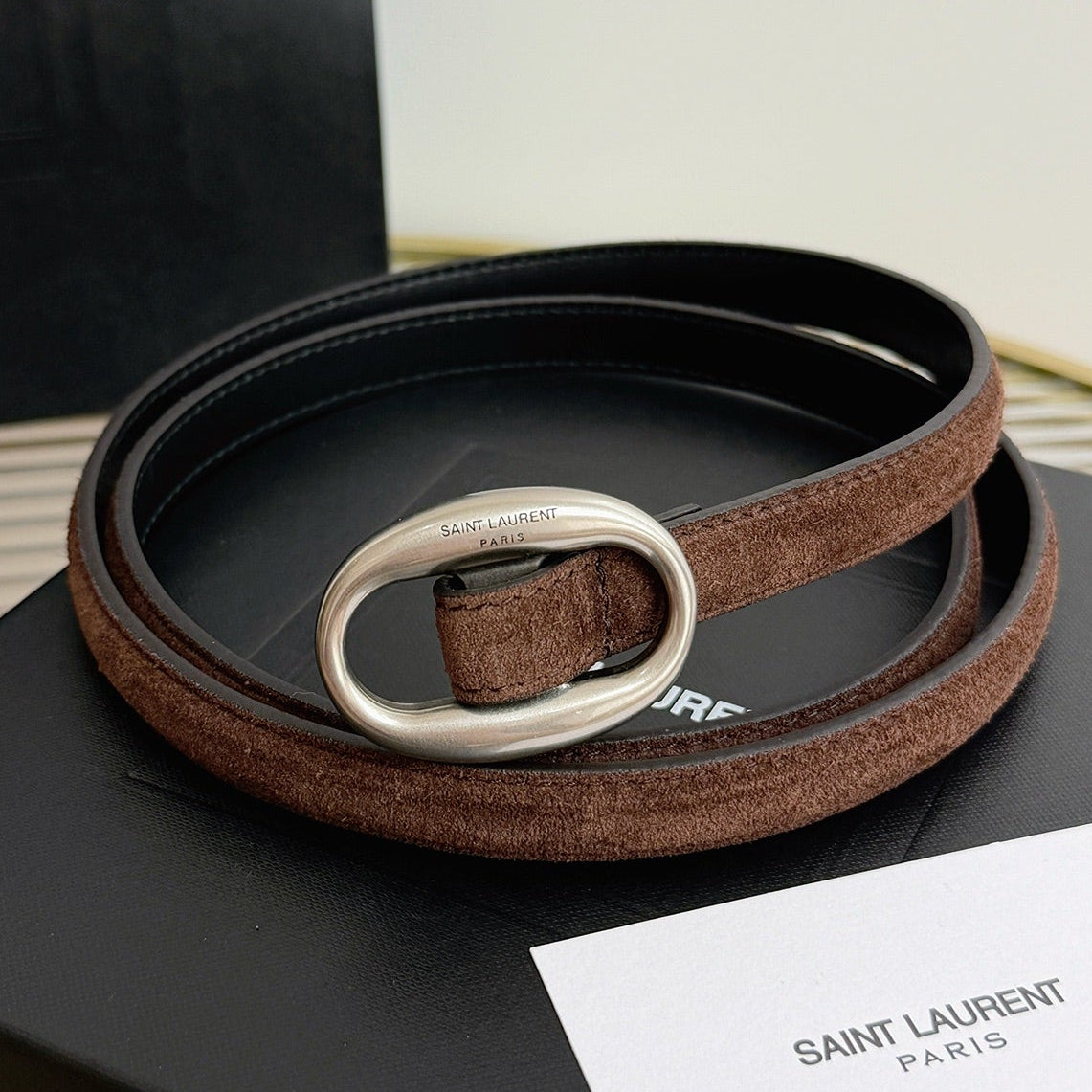 Saint Laurent 2026 Oval Belt 15mm Brown Suede 219134