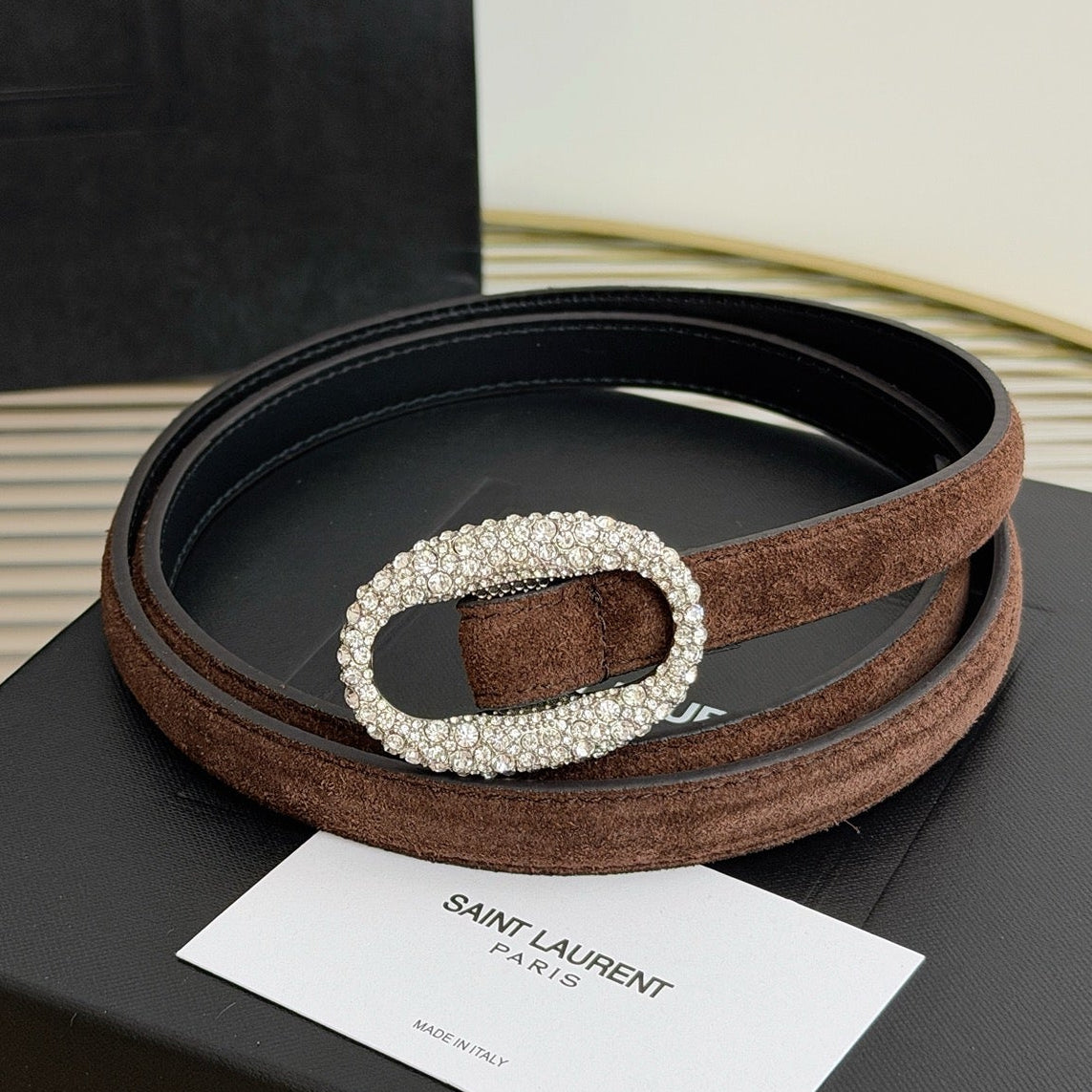 Saint Laurent 2026 Oval Belt 15mm Brown Suede 219134