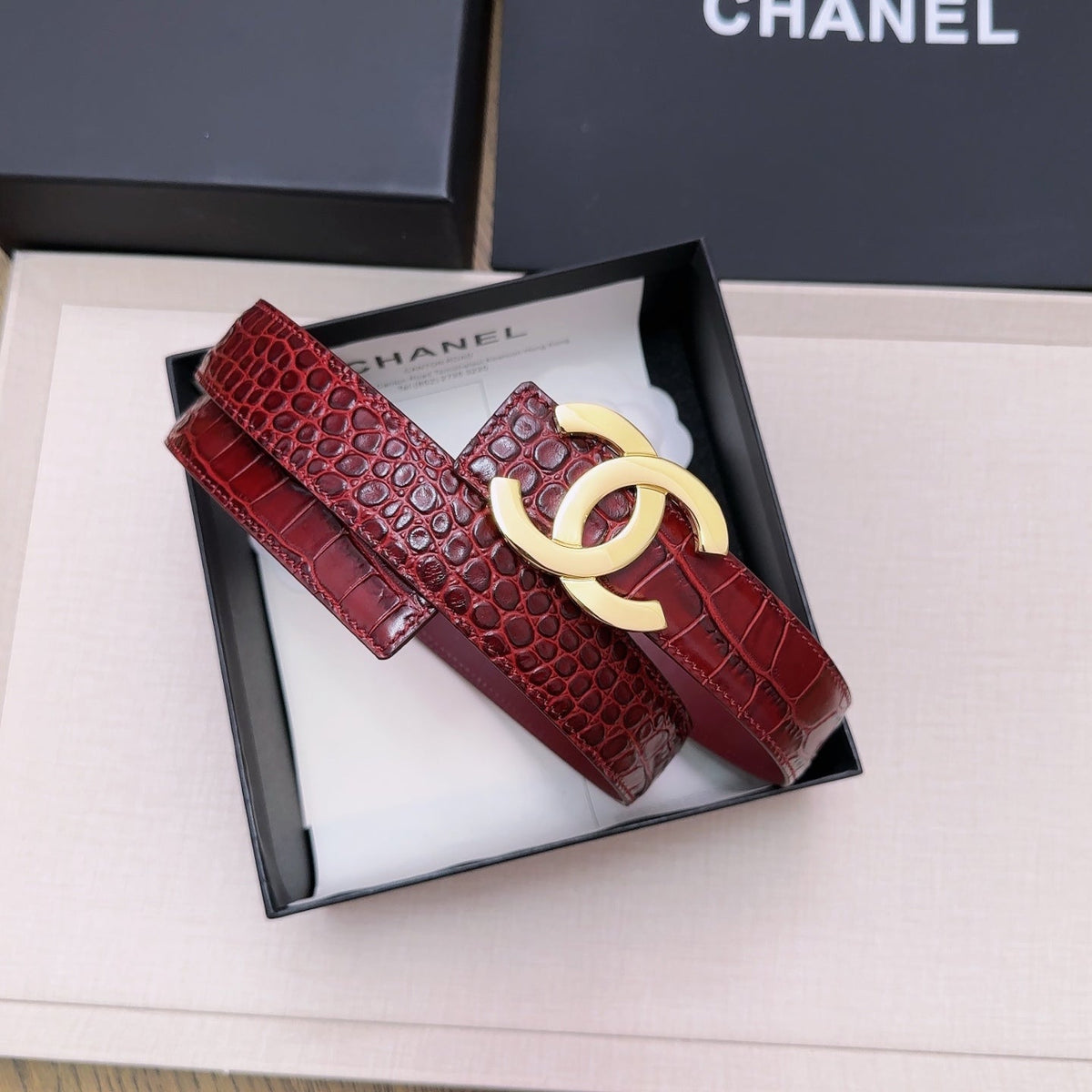 Chanel 2026 Crocodile Embossed Belt 30mm Leather 218762