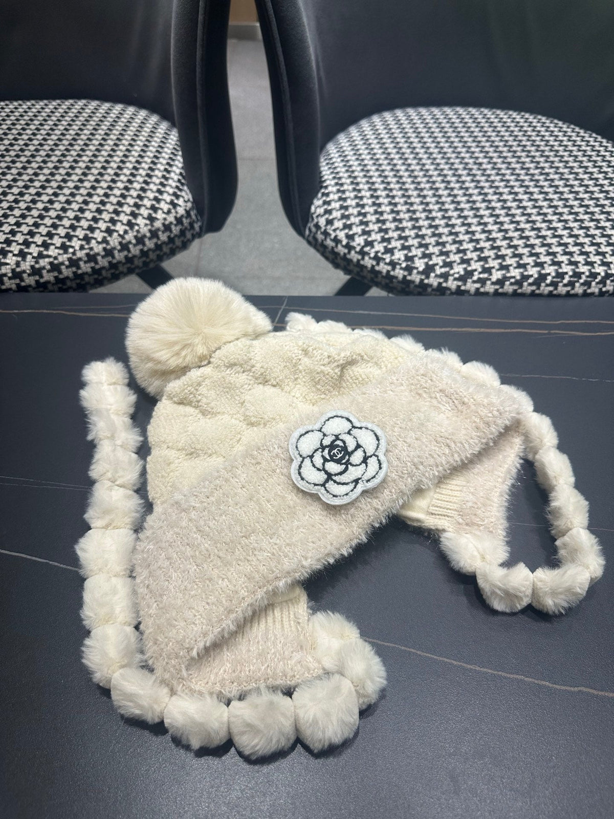 Chanel 2026 Camellia Earmuff Beanie Hat Wool 566053